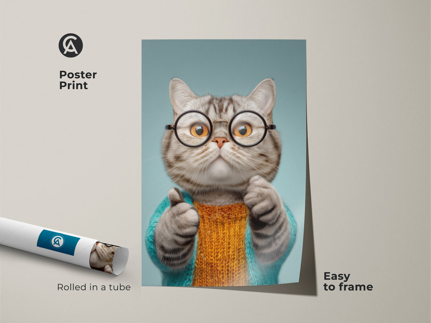 Poster print of a quirky cat wearing glasses. Rolled in a tube this funny cat canvas print is easy to frame. The eclectic animal wall art is a unique cat themed art piece. The teal and orange cat artwork makes a great gift for animal lovers. This whimsical cat painting adds color to any room.