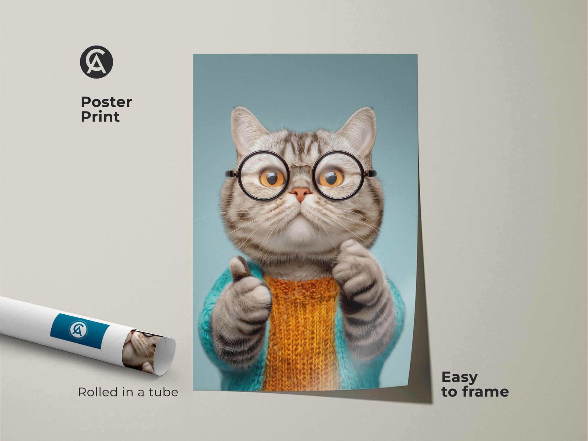 Poster print of a quirky cat wearing glasses. Rolled in a tube this funny cat canvas print is easy to frame. The eclectic animal wall art is a unique cat themed art piece. The teal and orange cat artwork makes a great gift for animal lovers. This whimsical cat painting adds color to any room.