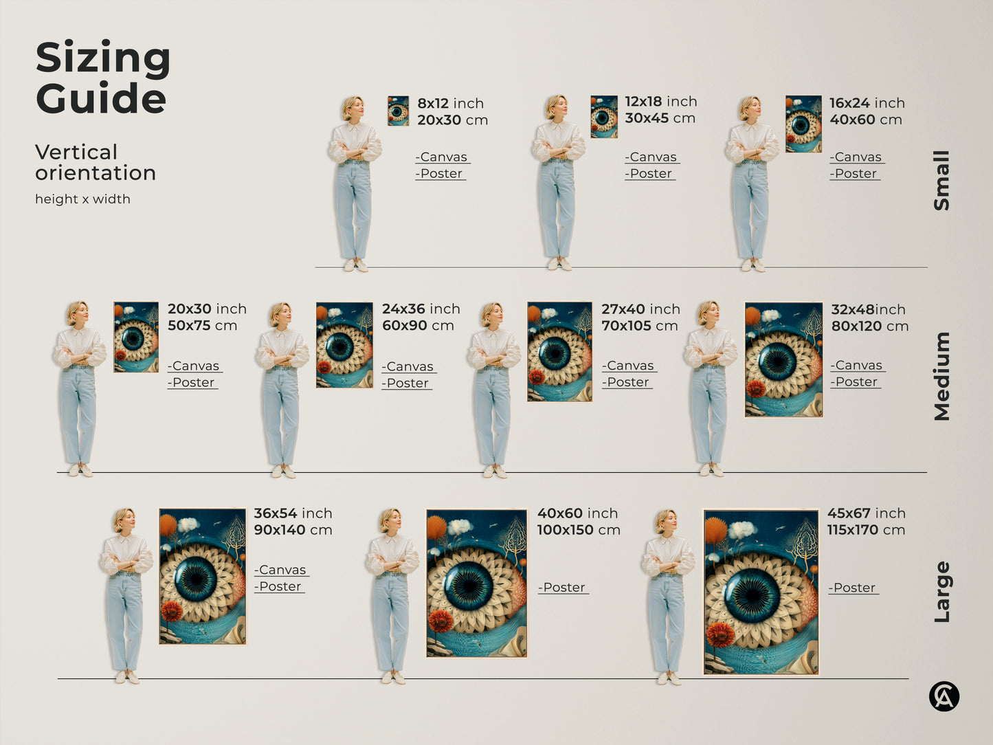 Sizing guide showcasing vertical orientation options for surreal eye art. See how the canvas and poster prints fit in various spaces. Ranging from small 8x12 inch to large 45x67 inch formats. Find the perfect size to enhance your home decor today.