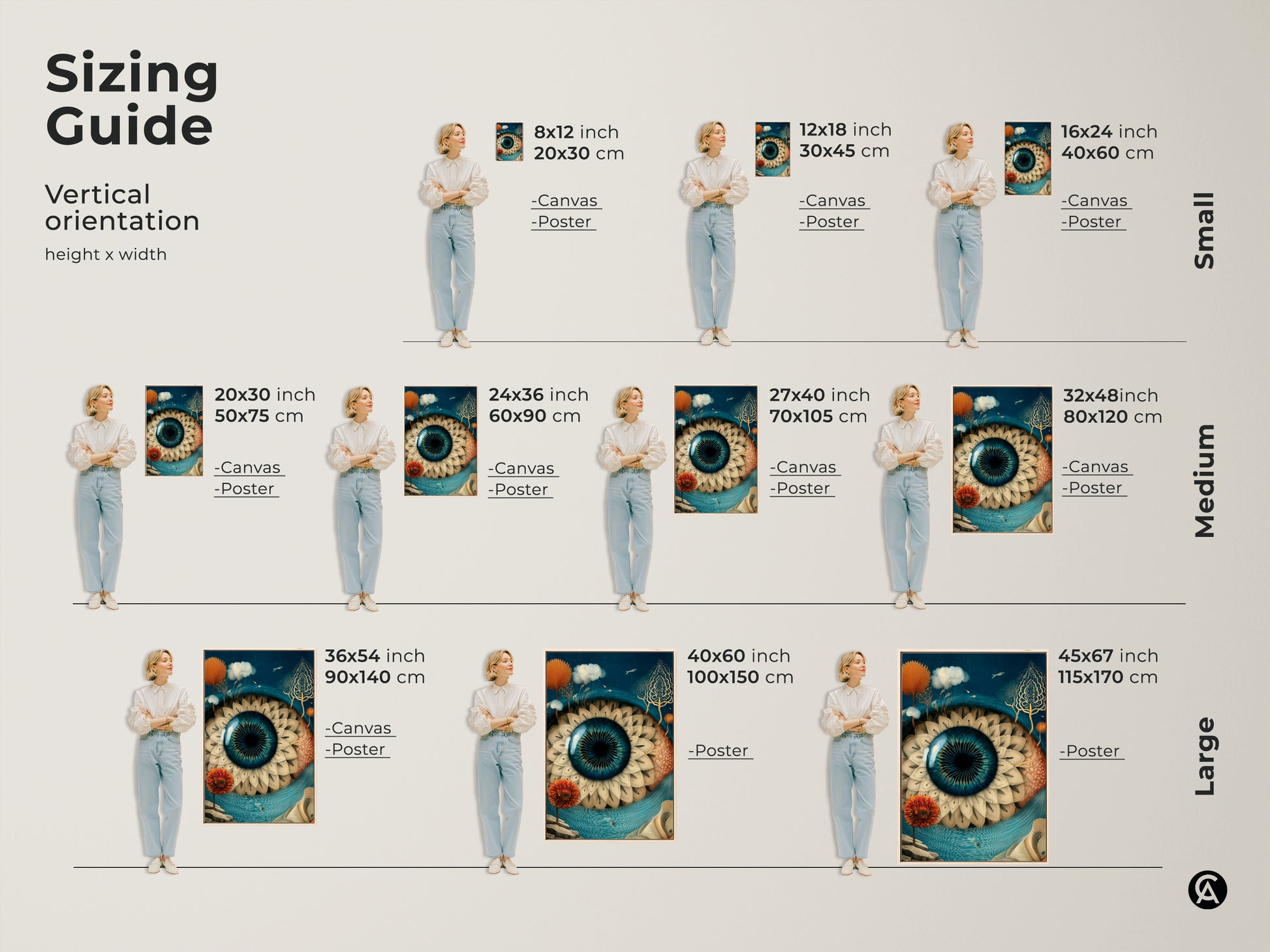 Sizing guide showcasing vertical orientation options for surreal eye art. See how the canvas and poster prints fit in various spaces. Ranging from small 8x12 inch to large 45x67 inch formats. Find the perfect size to enhance your home decor today.