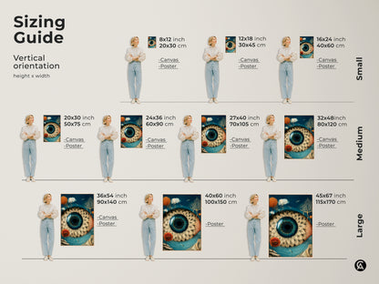 Sizing guide showcasing vertical orientation options for surreal eye art. See how the canvas and poster prints fit in various spaces. Ranging from small 8x12 inch to large 45x67 inch formats. Find the perfect size to enhance your home decor today.