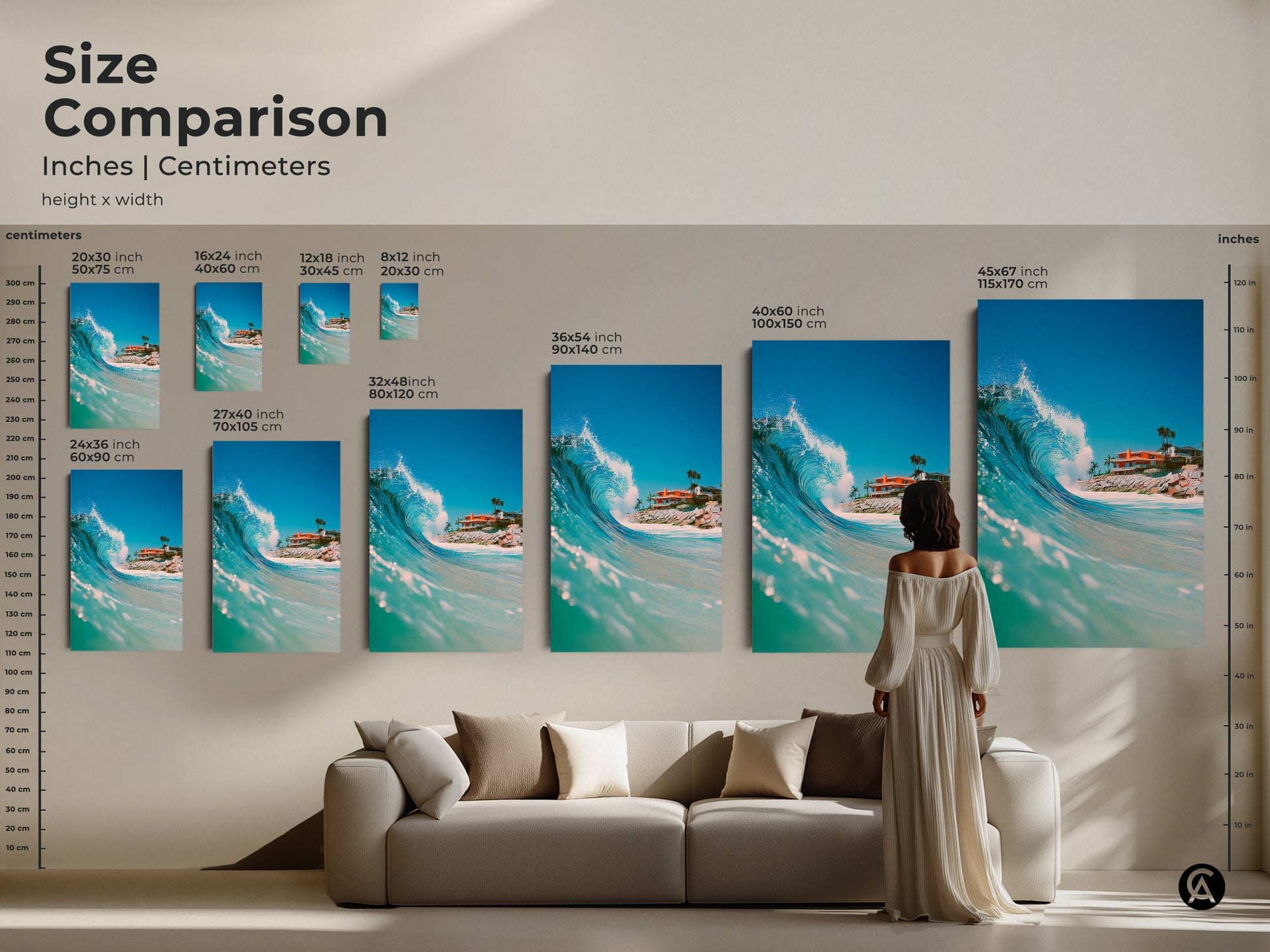Size comparison of ocean wave art prints in inches and centimeters. Visualize how different sizes fit in your home. Choose from various dimensions to suit your space. Transform your living room with stunning wave art prints. Find your perfect size today