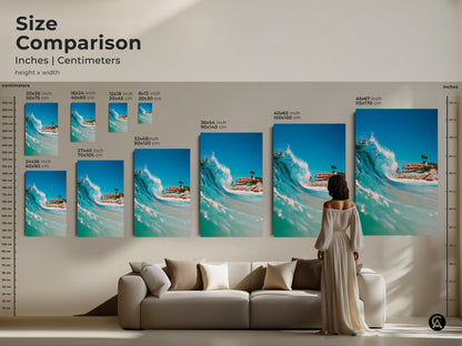Size comparison of ocean wave art prints in inches and centimeters. Visualize how different sizes fit in your home. Choose from various dimensions to suit your space. Transform your living room with stunning wave art prints. Find your perfect size today
