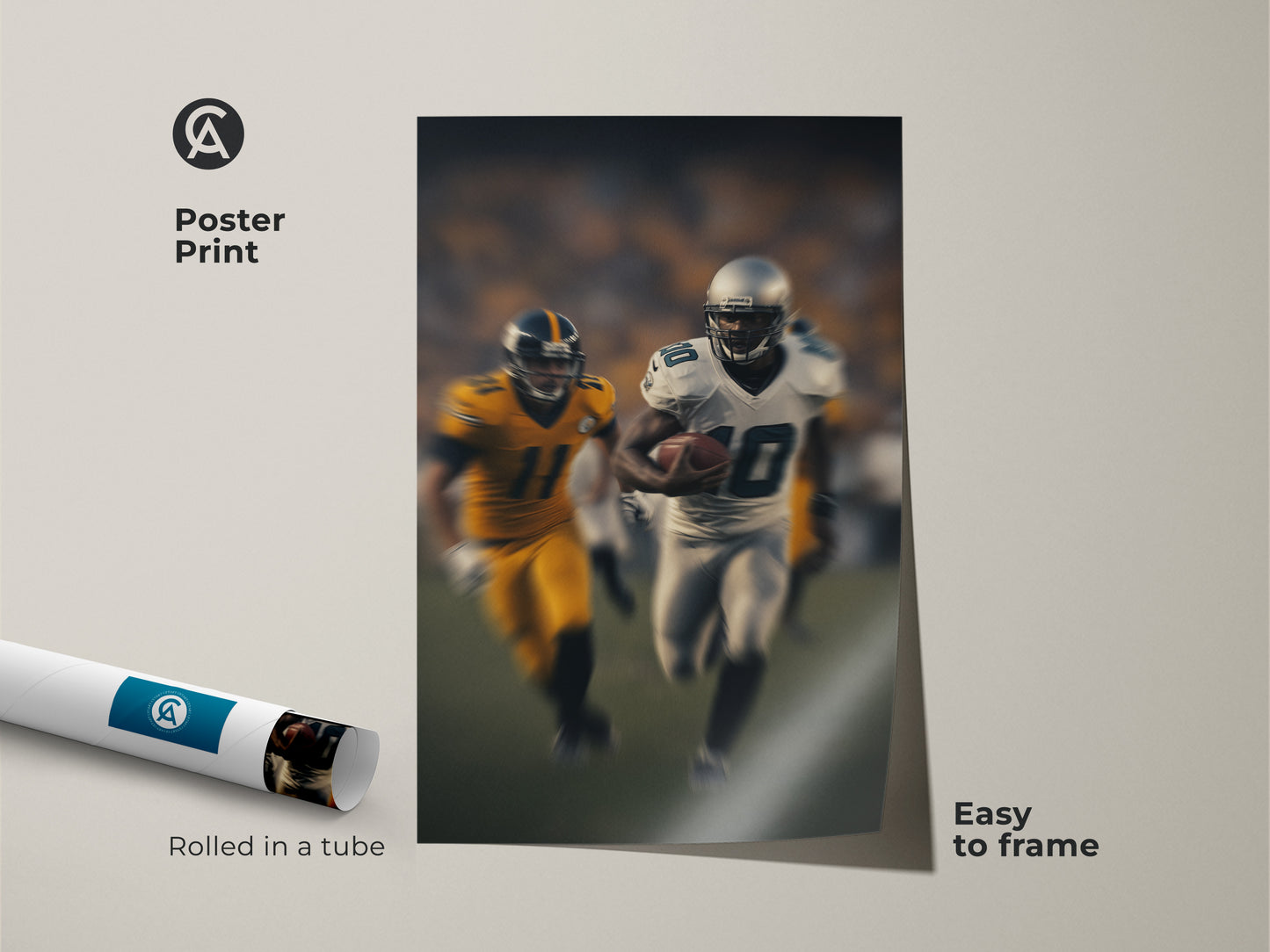 Enhance your space with this modern football poster print. The dynamic print features a running back in action. Easy to frame this sports artwork is perfect for any football fan's office or man cave.
