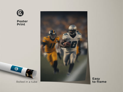 Enhance your space with this modern football poster print. The dynamic print features a running back in action. Easy to frame this sports artwork is perfect for any football fan's office or man cave.