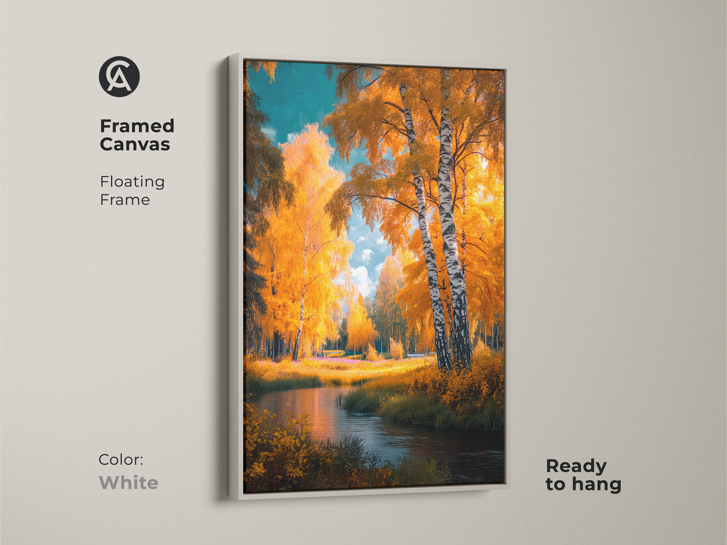 Framed canvas art with a white floating frame. This ready-to-hang artwork presents birch trees and a calm river scene. The golden autumn colors brighten any room. Perfect for adding a touch of nature to your decor. A beautiful and elegant addition to your home.