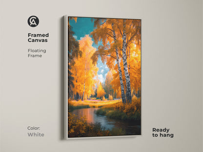 Framed canvas art with a white floating frame. This ready-to-hang artwork presents birch trees and a calm river scene. The golden autumn colors brighten any room. Perfect for adding a touch of nature to your decor. A beautiful and elegant addition to your home.