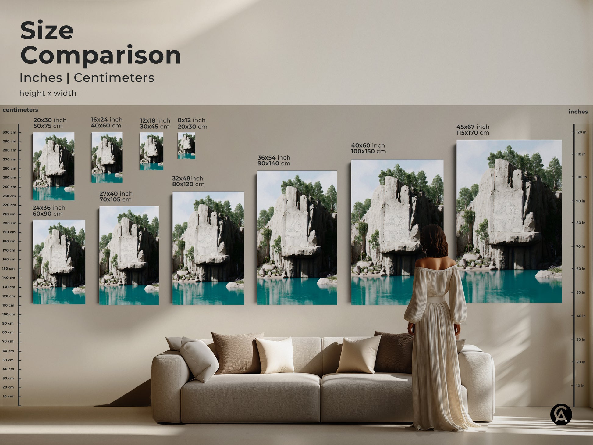 Size comparison of the teal lake and cliff canvas art print. Various sizes displayed above a couch. This modern home nature art makes a statement in any contemporary living room.