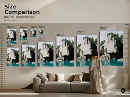 Size comparison of the teal lake and cliff canvas art print. Various sizes displayed above a couch. This modern home nature art makes a statement in any contemporary living room.