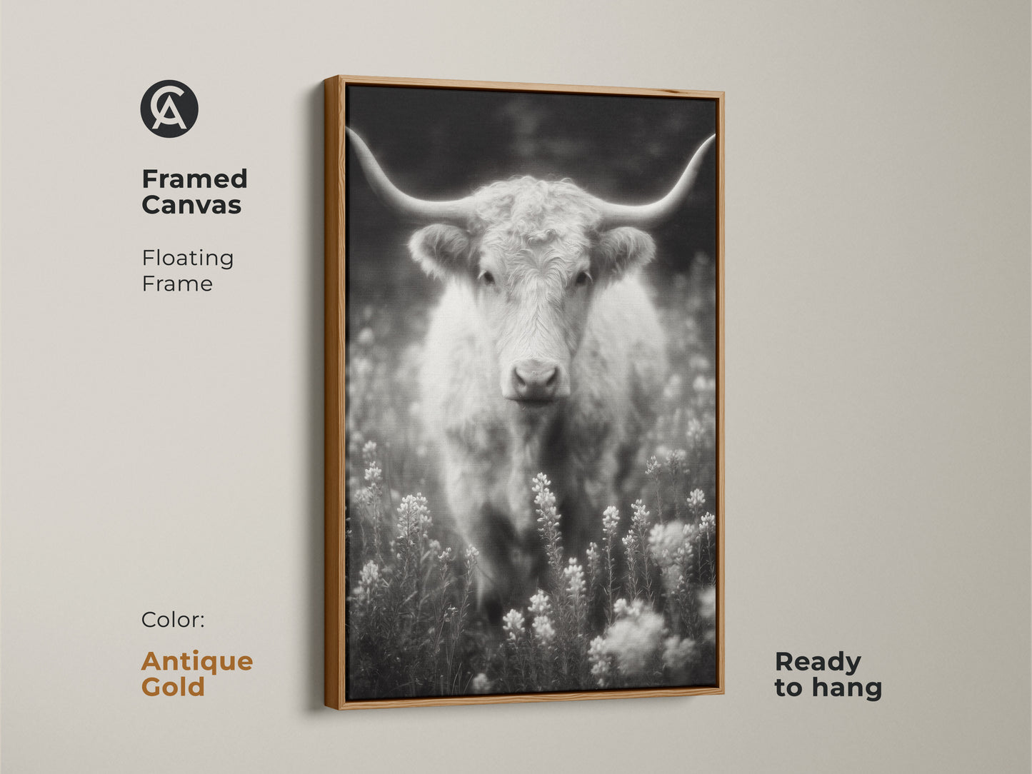 Antique gold framed canvas featuring a longhorn in a field. The black and white artwork is ready to hang. The floating frame adds a touch of elegance. This fine art photograph enhances any living space.
