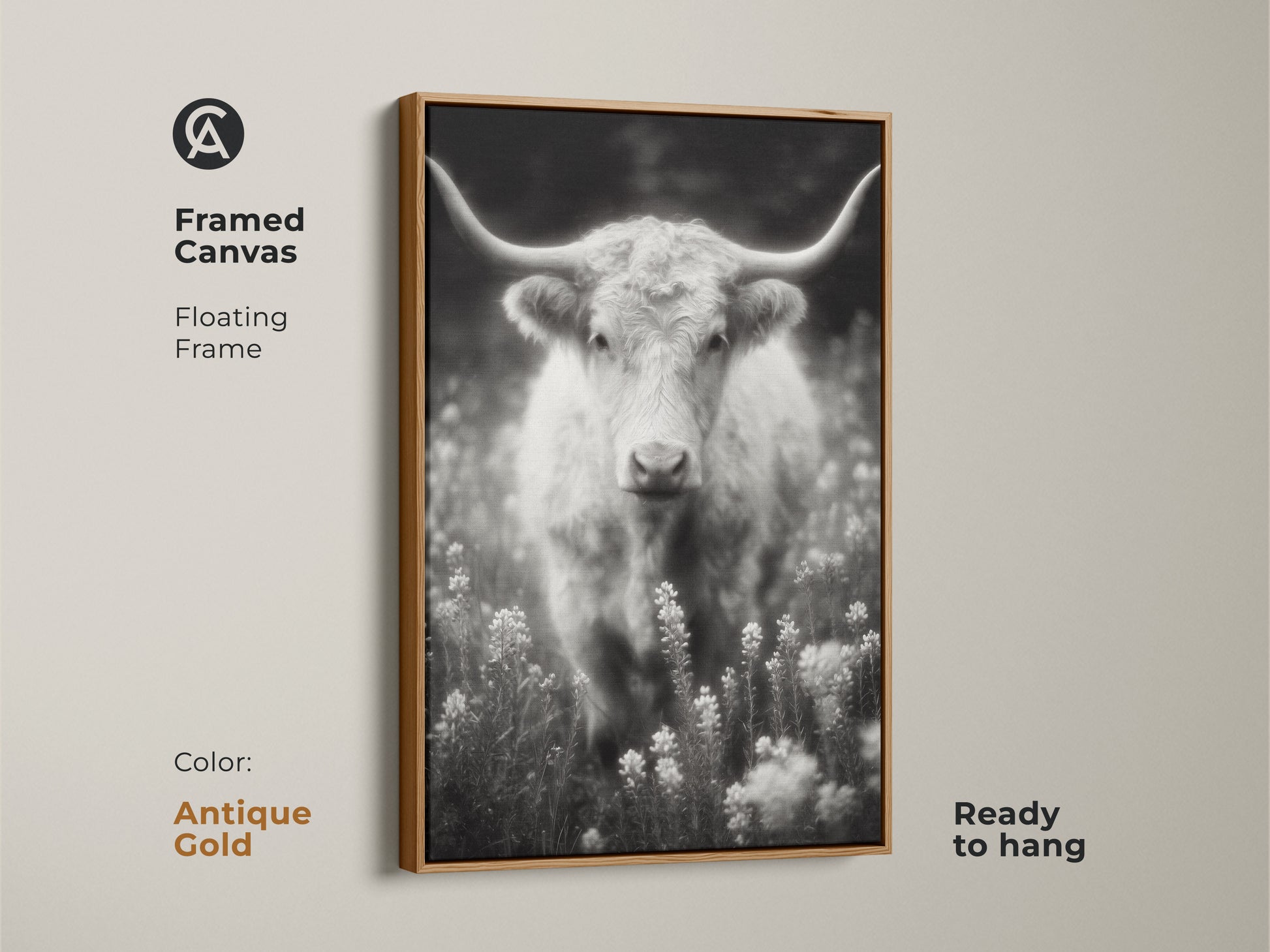 Antique gold framed canvas featuring a longhorn in a field. The black and white artwork is ready to hang. The floating frame adds a touch of elegance. This fine art photograph enhances any living space.