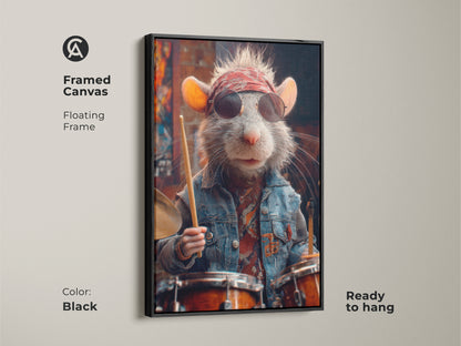 Framed canvas of rat drummer artwork with black floating frame. This retro music wall art is ready to hang. Perfect for a man cave or home office. Makes a unique gift for rock music fans. The artwork adds an eclectic touch to any room.