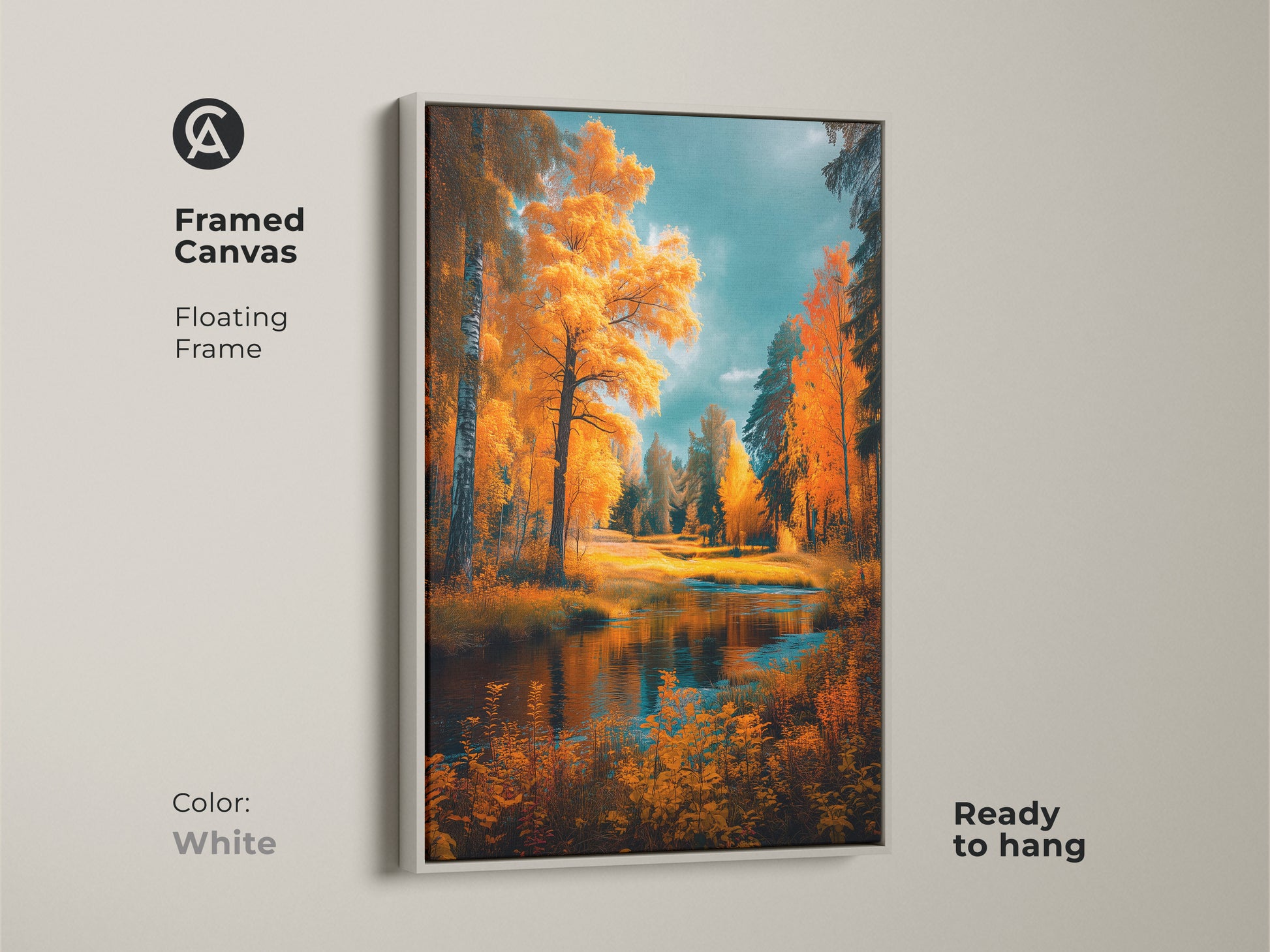 Framed canvas art presenting a serene autumn scene. The white floating frame accentuates the vibrant colors of the fall forest and tranquil water. This ready-to-hang piece brings natural beauty to your space. Discover the perfect framed artwork for your home.