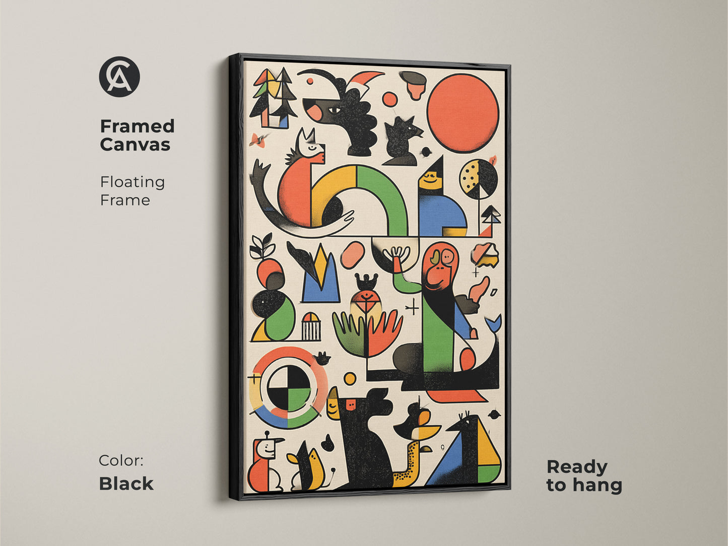 Framed canvas in black displaying Mid-Century Modern artwork. Abstract geometric shapes form a dog and bird. This Bauhaus style art is ready to hang. Floating frame enhances the vibrant red orange and green.