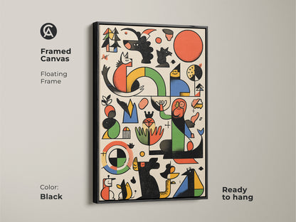 Framed canvas in black displaying Mid-Century Modern artwork. Abstract geometric shapes form a dog and bird. This Bauhaus style art is ready to hang. Floating frame enhances the vibrant red orange and green.