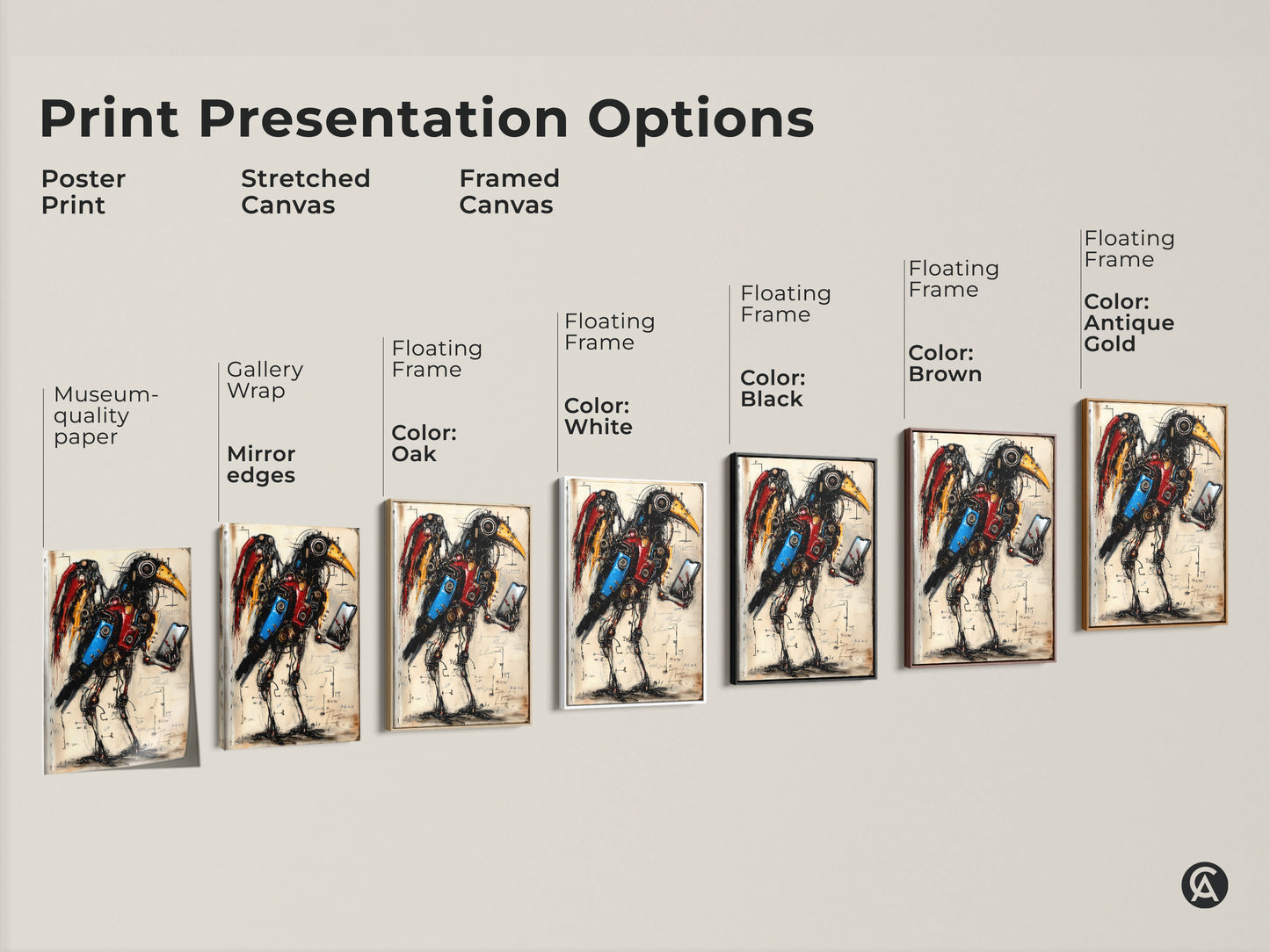 Print presentation options showing poster stretched and framed canvas. Each option showcases the steampunk mechanical bird artwork. The art features a surreal steampunk fantasy animal. Its great for office decor and gadget lovers alike.