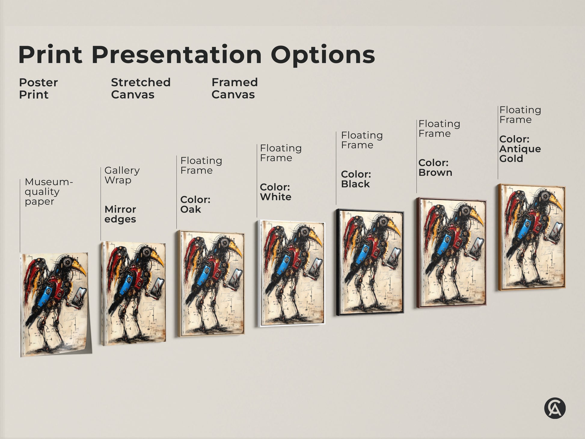 Print presentation options showing poster stretched and framed canvas. Each option showcases the steampunk mechanical bird artwork. The art features a surreal steampunk fantasy animal. Its great for office decor and gadget lovers alike.