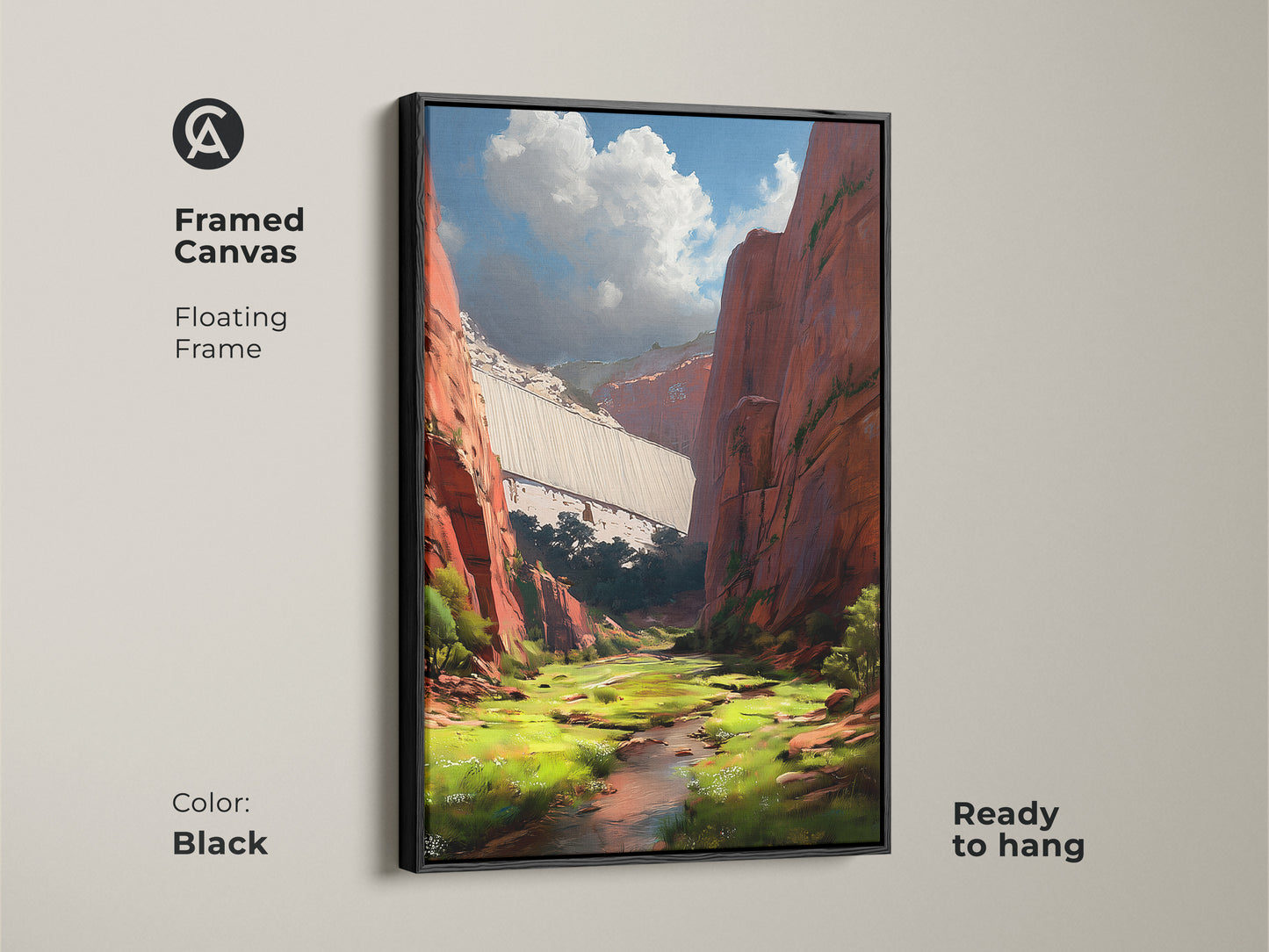 Framed canvas featuring a red canyon dam landscape. The floating frame enhances the contemporary style. This nature artwork in black adds elegance to any room. It's ready to hang and enjoy for housewarming.