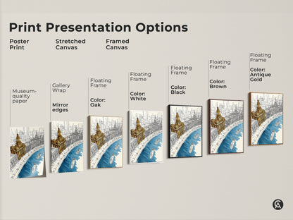 Print presentation options include poster print stretched canvas and framed canvas. Each features the cityscape in golden yellow and deep blue line art. Find the perfect style for your space.