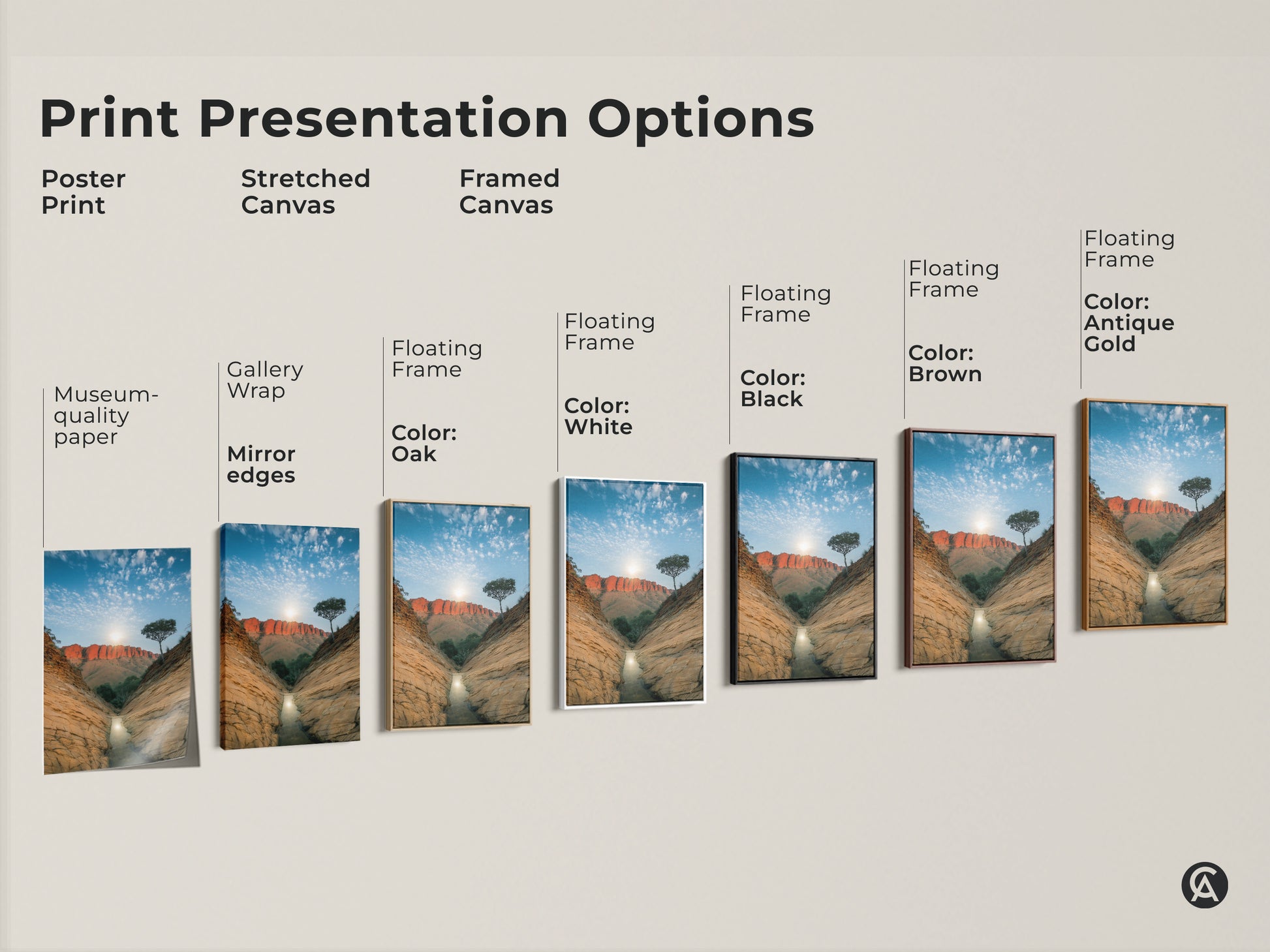 Explore print presentation options for this captivating desert canyon art. Choose from poster prints stretched canvases or framed canvases. Each option showcases the stunning red rock landscape and blue sky. Find the perfect style to bring the Australian outback into your home.