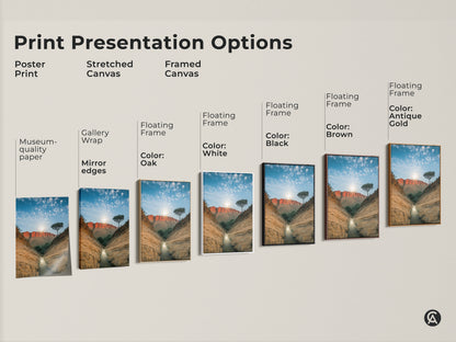 Explore print presentation options for this captivating desert canyon art. Choose from poster prints stretched canvases or framed canvases. Each option showcases the stunning red rock landscape and blue sky. Find the perfect style to bring the Australian outback into your home.