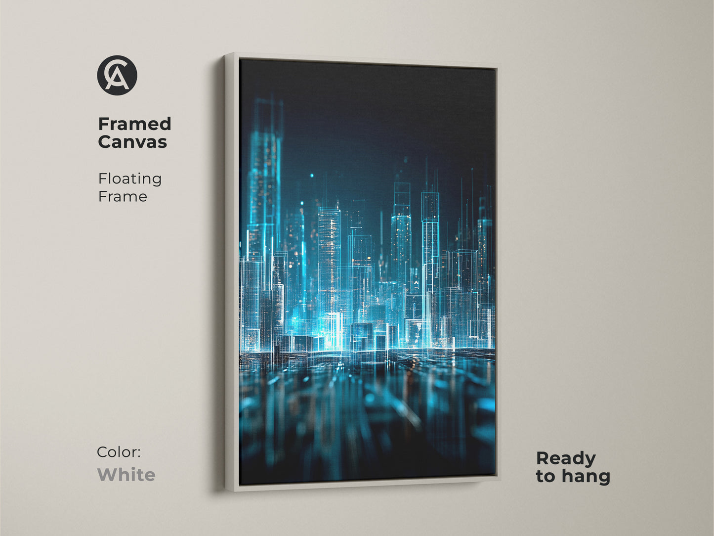 White framed canvas of digital city art. This artwork is a blue glowing cityscape. The art features a modern city. This canvas has a floating frame. This canvas is ready to hang.