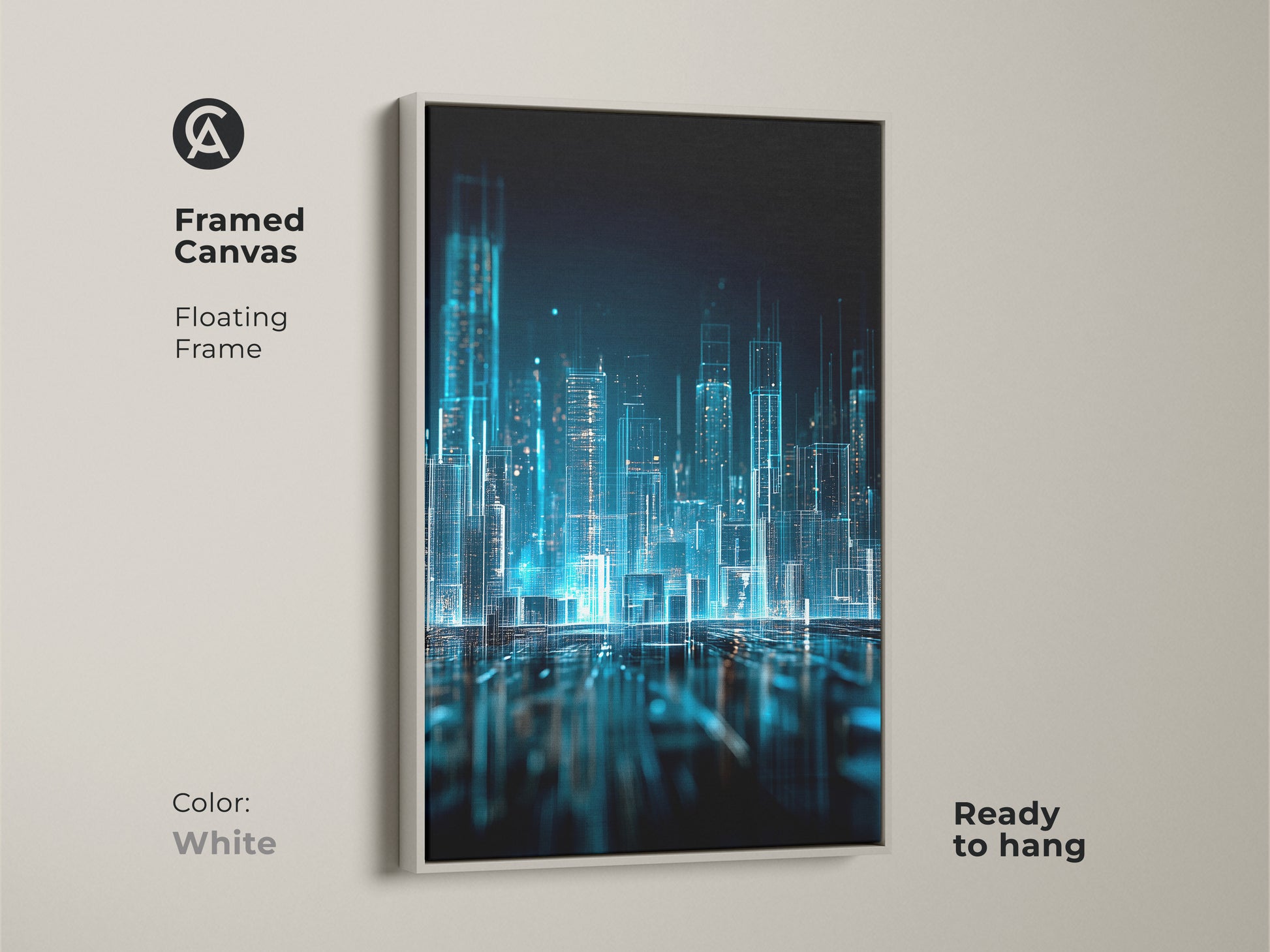 White framed canvas of digital city art. This artwork is a blue glowing cityscape. The art features a modern city. This canvas has a floating frame. This canvas is ready to hang.