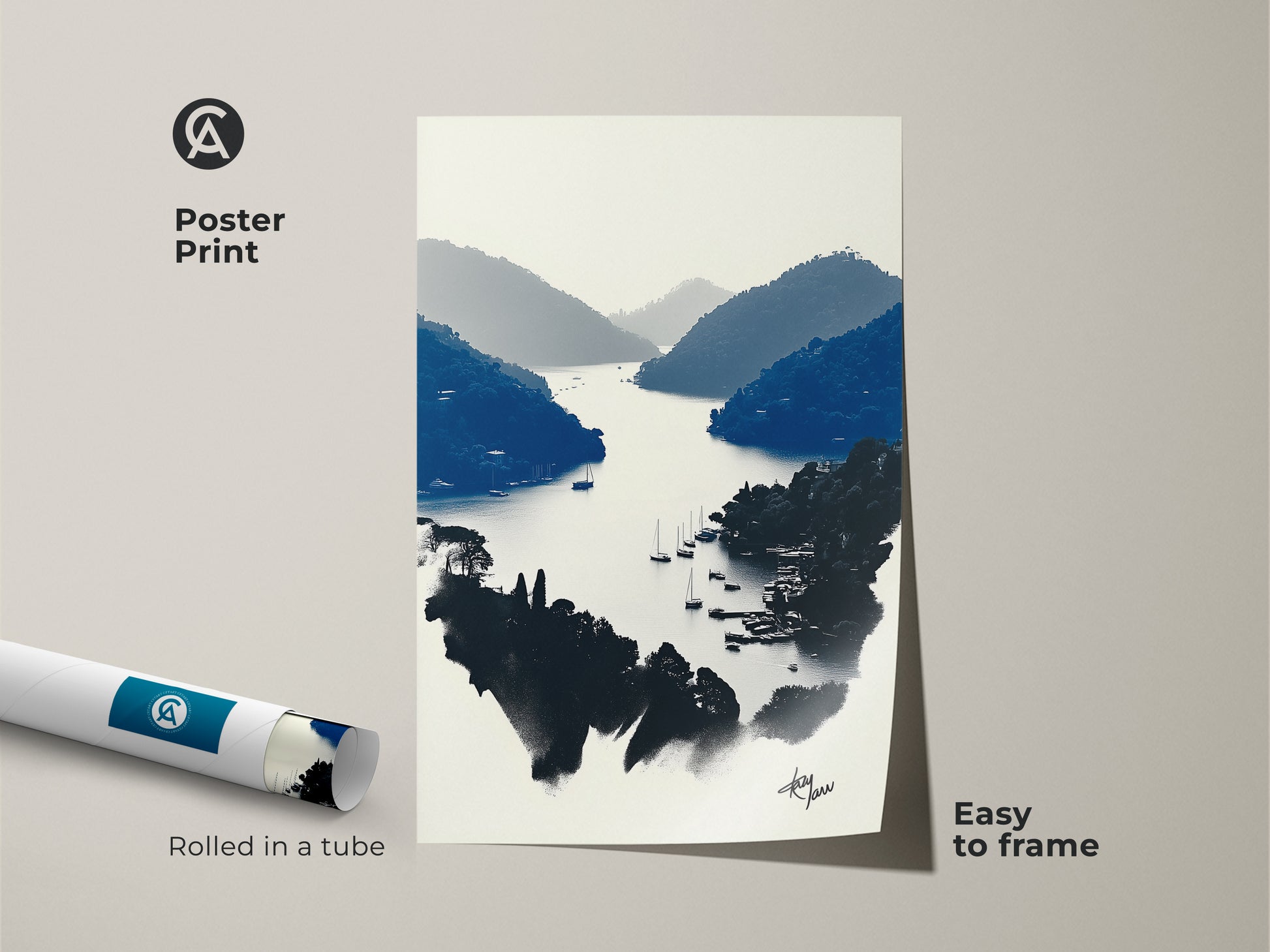 The minimalist coastal art is available as a poster print. This navy blue landscape print showcases a boat canvas wall art. It makes for easy framing. This travel theme artwork brings a serene ocean view. The nautical home decor is perfect for travel lovers as a gift idea.