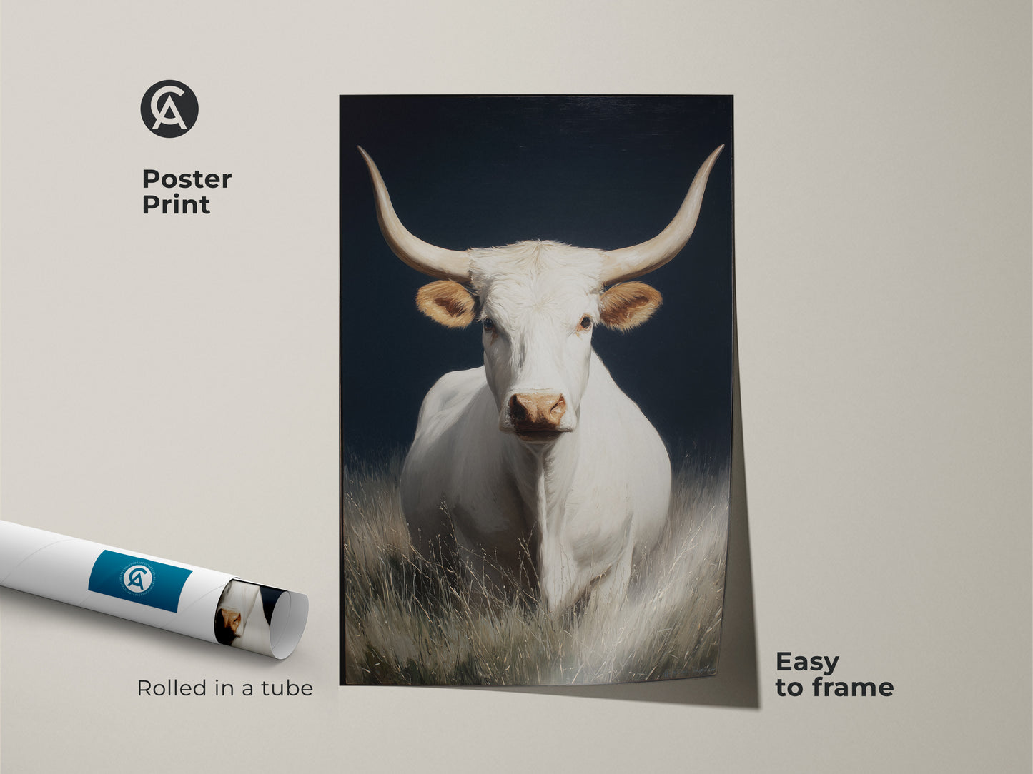 White longhorn cow art poster print. This farmhouse rustic wall art is easy to frame. The western animal canvas art is rolled in a tube. Great livestock herd decor for any home. The realistic cow portrait has a dark background. It's grasslands wildlife canvas for animal lovers.