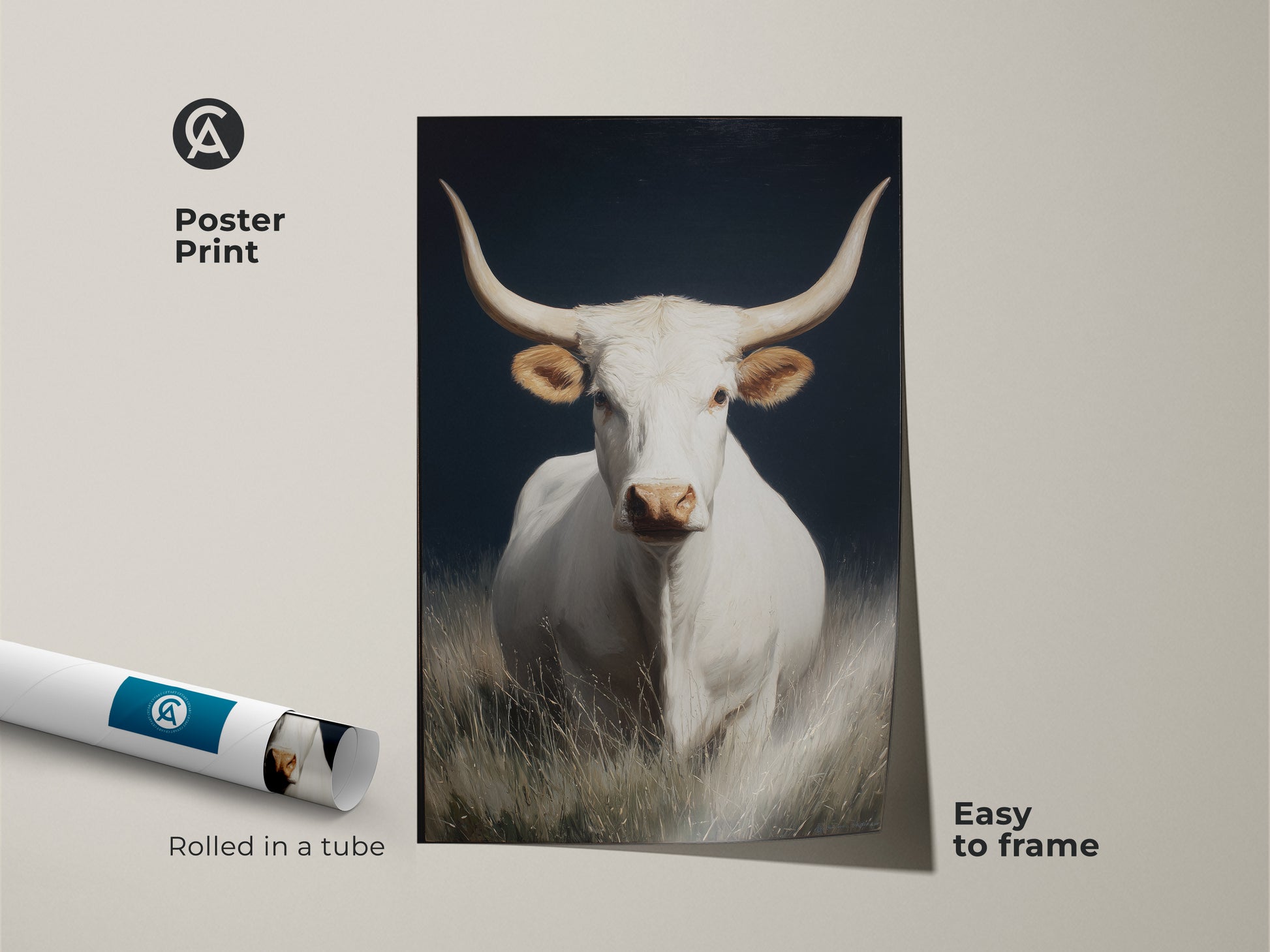 White longhorn cow art poster print. This farmhouse rustic wall art is easy to frame. The western animal canvas art is rolled in a tube. Great livestock herd decor for any home. The realistic cow portrait has a dark background. It's grasslands wildlife canvas for animal lovers.