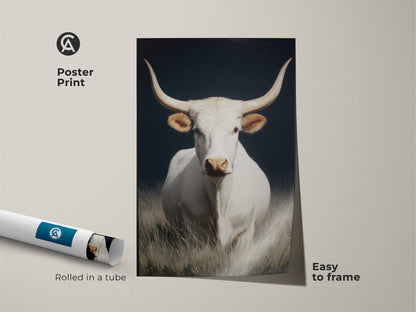 White longhorn cow art poster print. This farmhouse rustic wall art is easy to frame. The western animal canvas art is rolled in a tube. Great livestock herd decor for any home. The realistic cow portrait has a dark background. It's grasslands wildlife canvas for animal lovers.