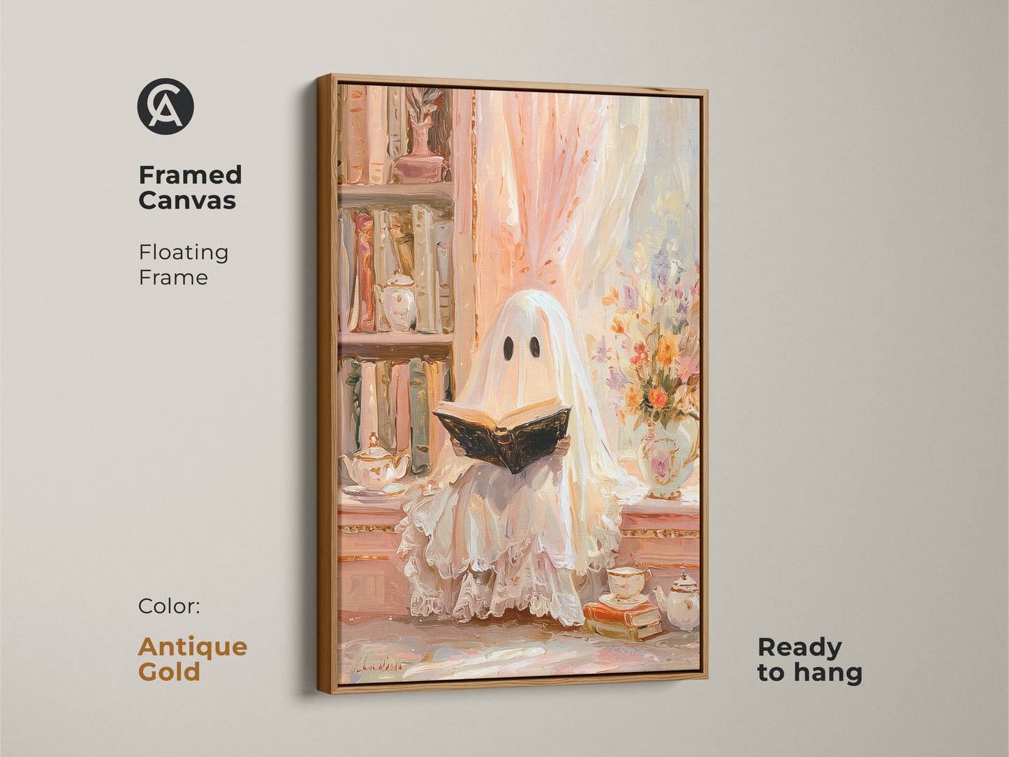 Framed canvas of a ghost reading wall art with an antique gold floating frame. This pastel ghost art print is ready to hang. It enhances cozy study room decor in an eclectic style. A heartwarming Halloween gift for her. The bookshelf artwork in cream peach adds a soft vintage touch for book lovers.
