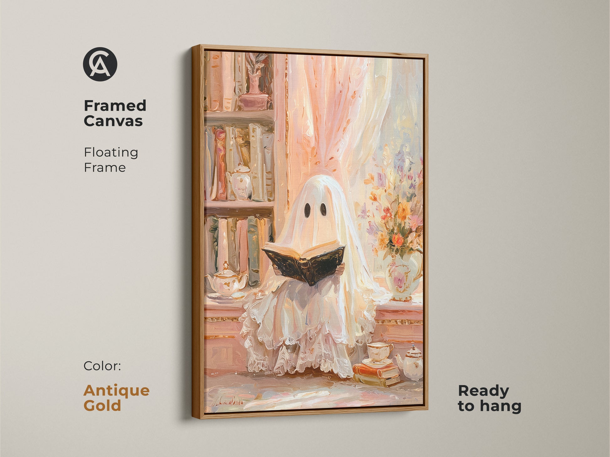 Framed canvas of a ghost reading wall art with an antique gold floating frame. This pastel ghost art print is ready to hang. It enhances cozy study room decor in an eclectic style. A heartwarming Halloween gift for her. The bookshelf artwork in cream peach adds a soft vintage touch for book lovers.