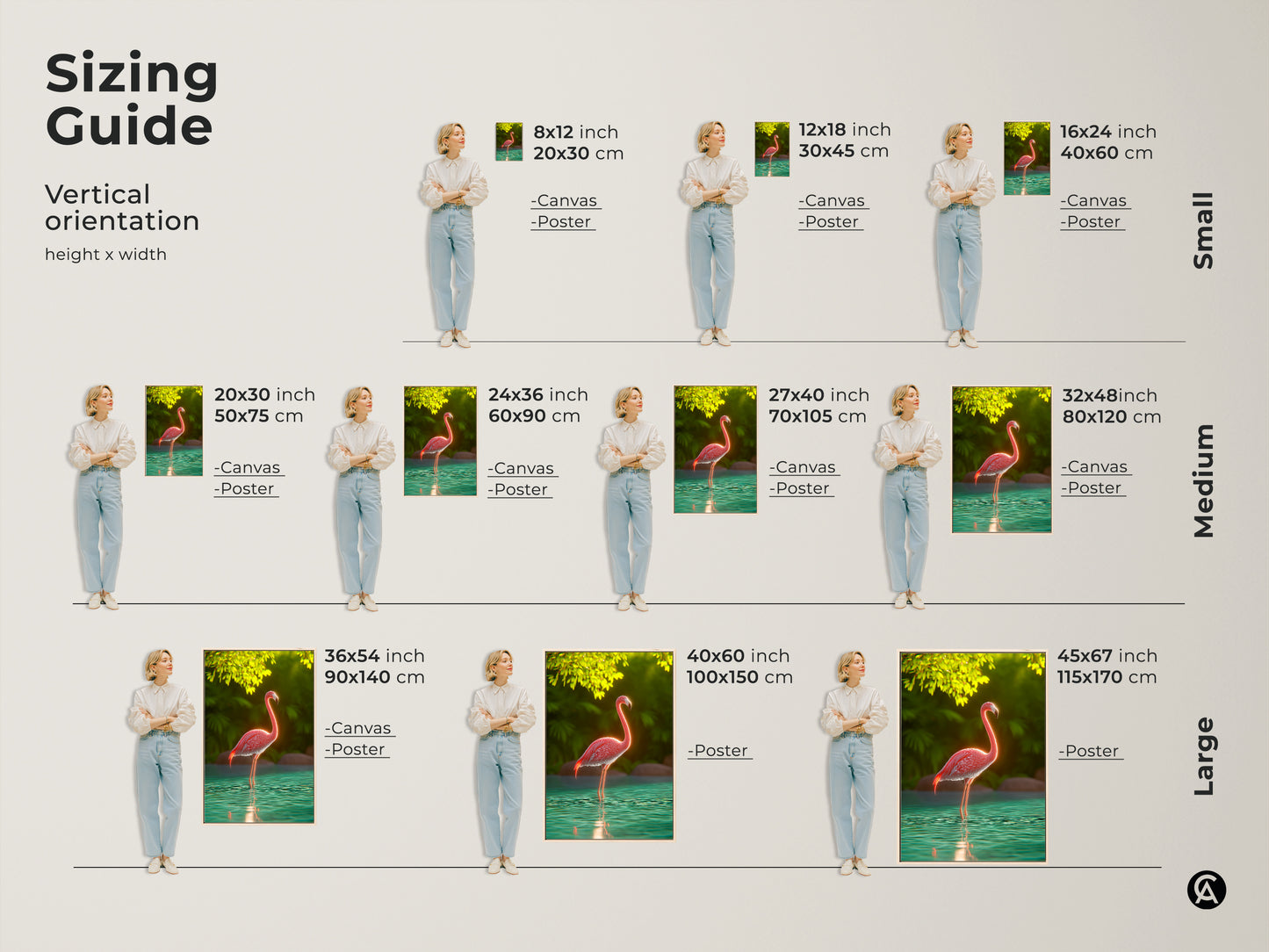 Sizing guide for vertical pink flamingo canvas and poster art. Find the perfect fit for your space with small medium and large sizes. Options include 8x12 inch to 45x67 inch prints. Visualize how the artwork will look in your home. Enhance your boho home decor today.
