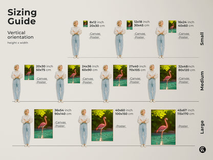 Sizing guide for vertical pink flamingo canvas and poster art. Find the perfect fit for your space with small medium and large sizes. Options include 8x12 inch to 45x67 inch prints. Visualize how the artwork will look in your home. Enhance your boho home decor today.