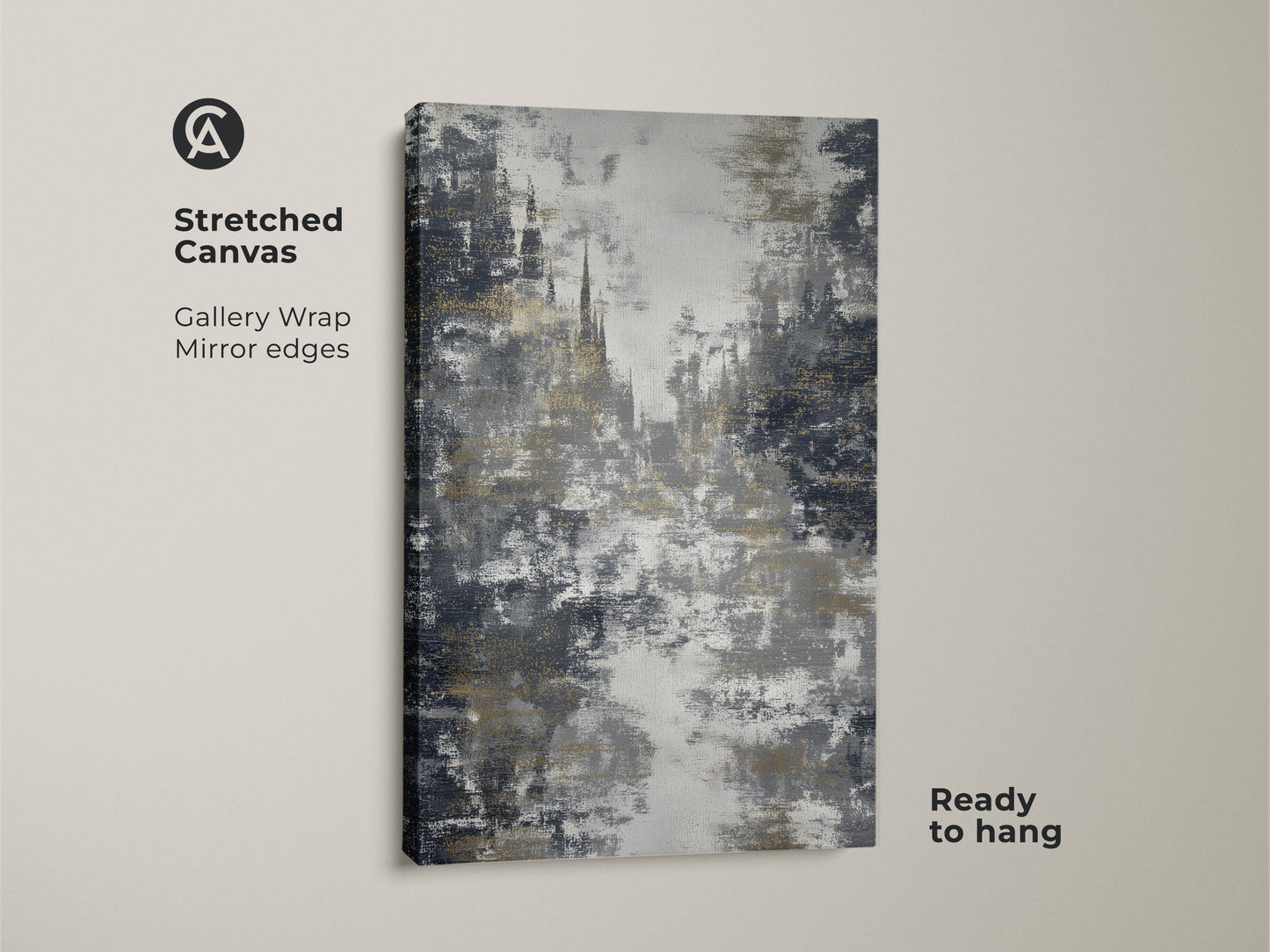 See the charcoal gold wall art on a stretched canvas. This textured abstract print is ready to hang. The contemporary office decor showcases a gothic architecture art style. The abstract city view has a refined touch. This is an eclectic home wall art piece.