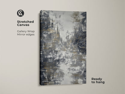 See the charcoal gold wall art on a stretched canvas. This textured abstract print is ready to hang. The contemporary office decor showcases a gothic architecture art style. The abstract city view has a refined touch. This is an eclectic home wall art piece.