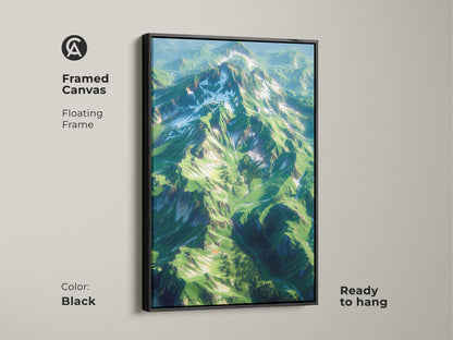 This framed canvas showcases a breathtaking mountain landscape. The black floating frame adds a modern touch to this nature-inspired artwork. Ready to hang this mountain art will transform your living space easily.
