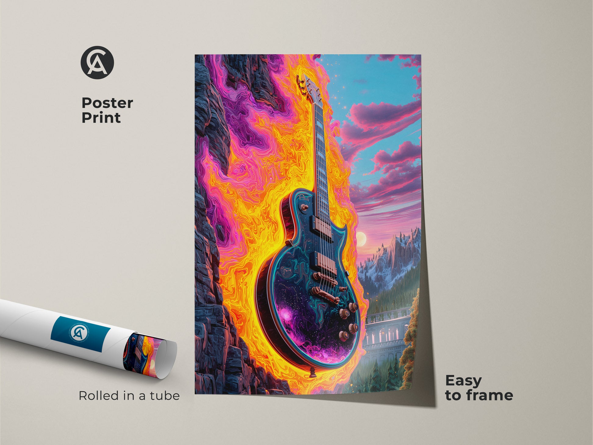 Poster print of a psychedelic electric guitar art. It is rolled in a tube and easy to frame. Abstract cosmic mountain landscape art with intense colors. Ideal for music rooms and studios adding vibrant abstract art. Perfect gift for guitar players and music lovers with eclectic taste.