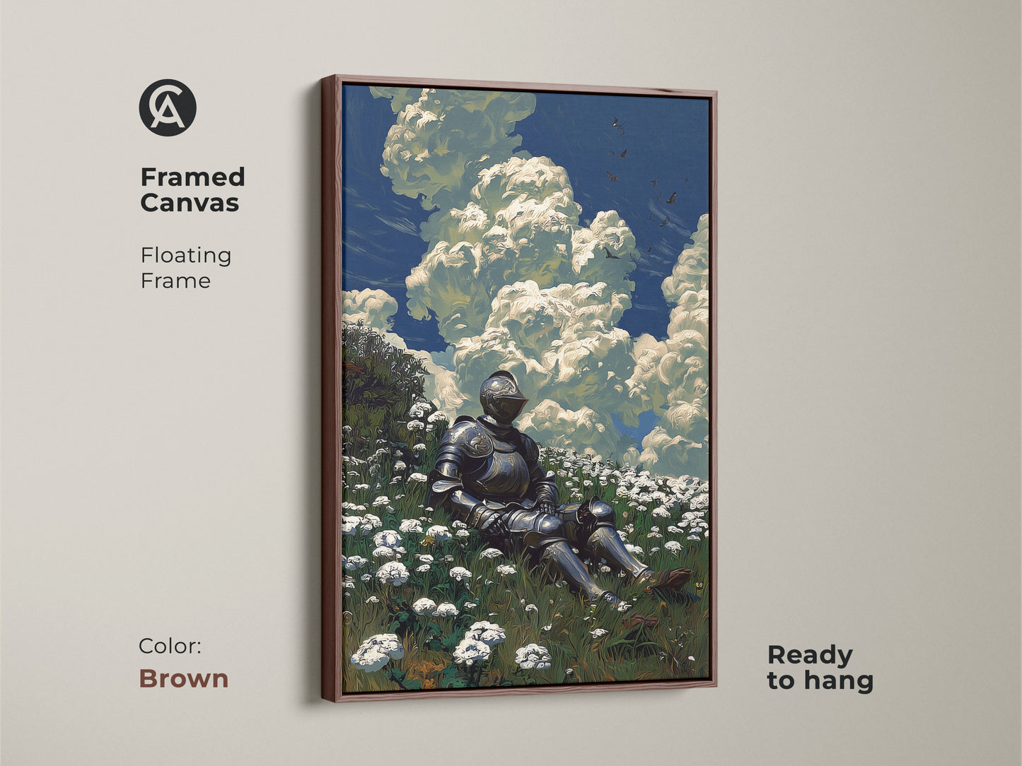Framed canvas art features a knight resting in a field of flowers. Brown floating frame. This fantasy art is ready to hang. It's perfect for home decor.