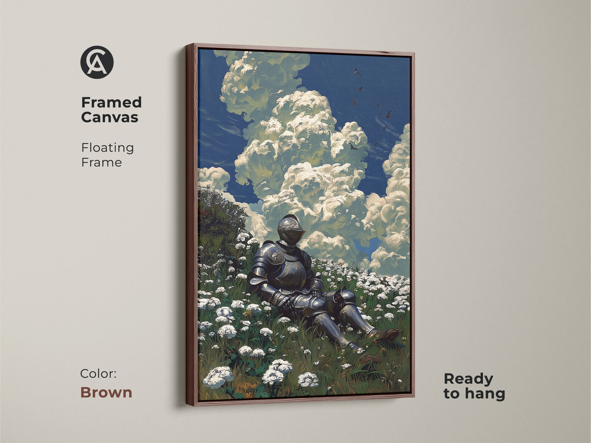 Framed canvas art features a knight resting in a field of flowers. Brown floating frame. This fantasy art is ready to hang. It's perfect for home decor.