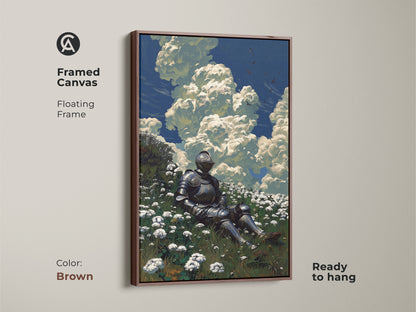 Framed canvas art features a knight resting in a field of flowers. Brown floating frame. This fantasy art is ready to hang. It's perfect for home decor.