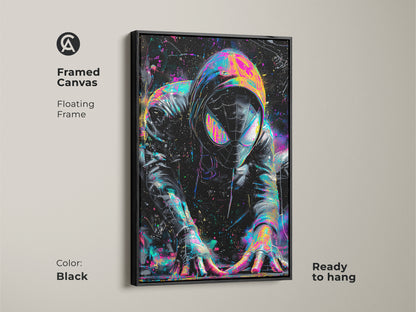 Framed canvas art of a comic book superhero. The floating frame is black and ready to hang. This colorful artwork is perfect for a kids room or home theater. The black frame adds a modern touch to the wall art.