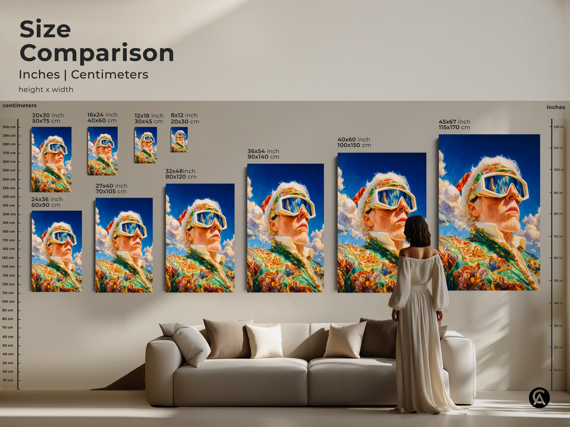 Size comparison of the art featuring a man in goggles and a suit. See how different sizes look in a living room setting. Choose from various dimensions in inches and centimeters. Find the ideal size for your art collection. Shop now and enhance your home.
