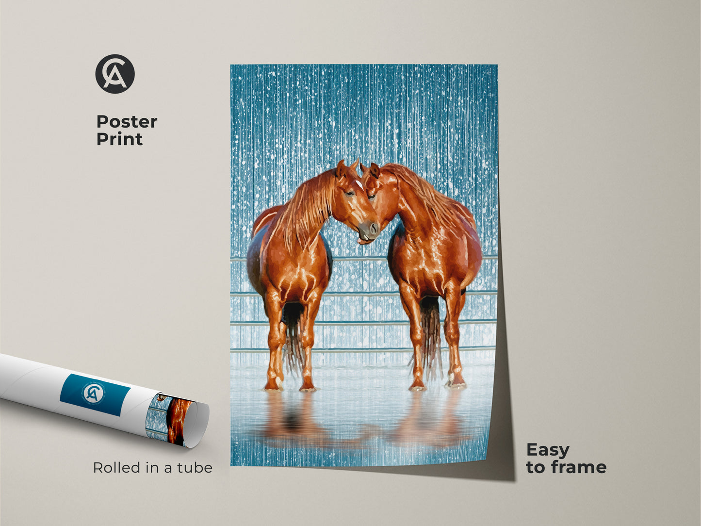 This poster print showcases two majestic brown horses near a fence. Rolled in a tube for easy framing the artwork includes a textured blue background. A great gift for the horse enthusiast seeking rustic equestrian decor for their space.