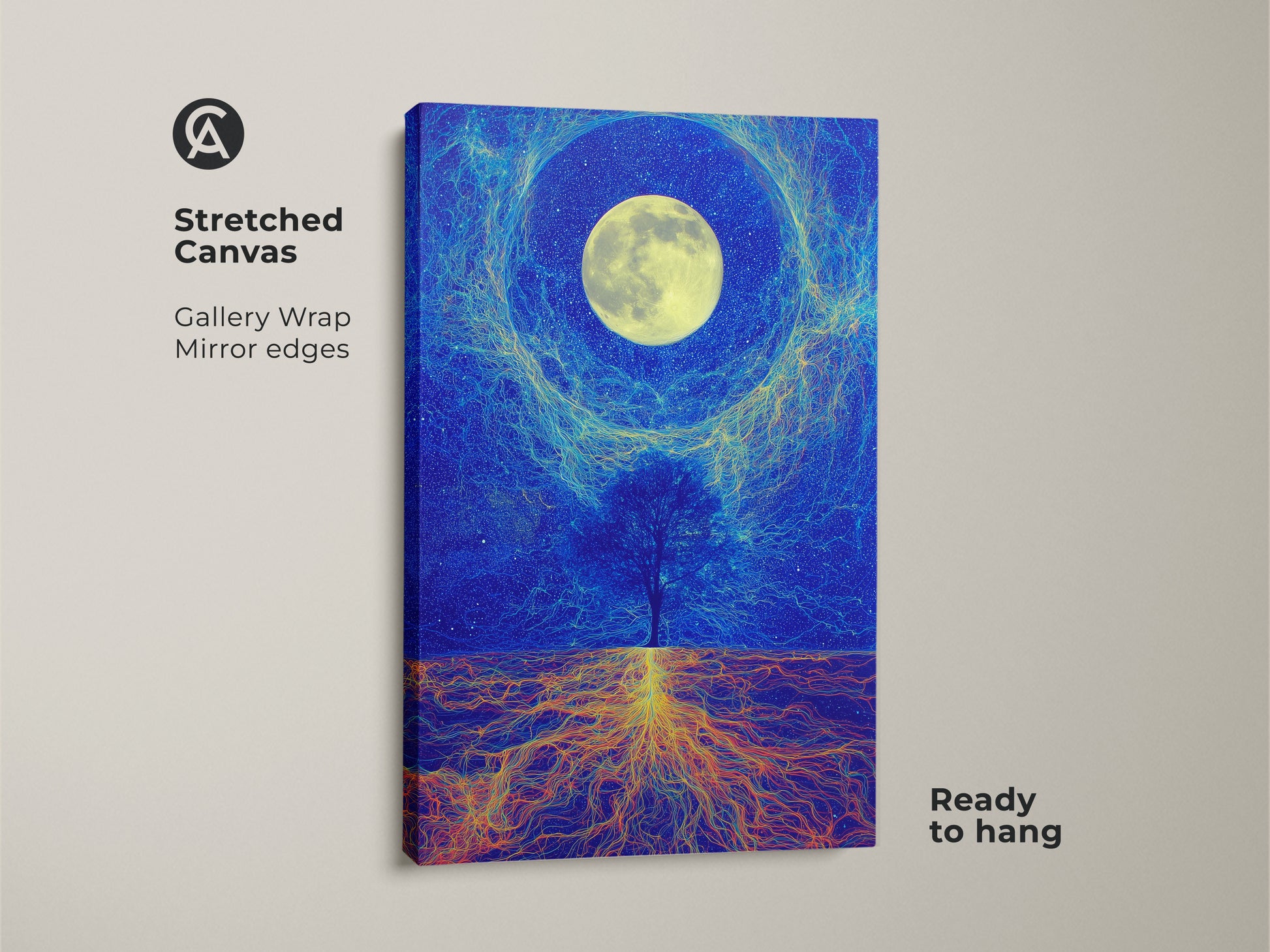 Stretched canvas print of a surreal cosmic tree under a moon. Displayed with gallery wrap and mirrored edges. The celestial tree wall art has vibrant yellow roots against a deep blue background. This fantasy print is ready to hang and will enhance any room.