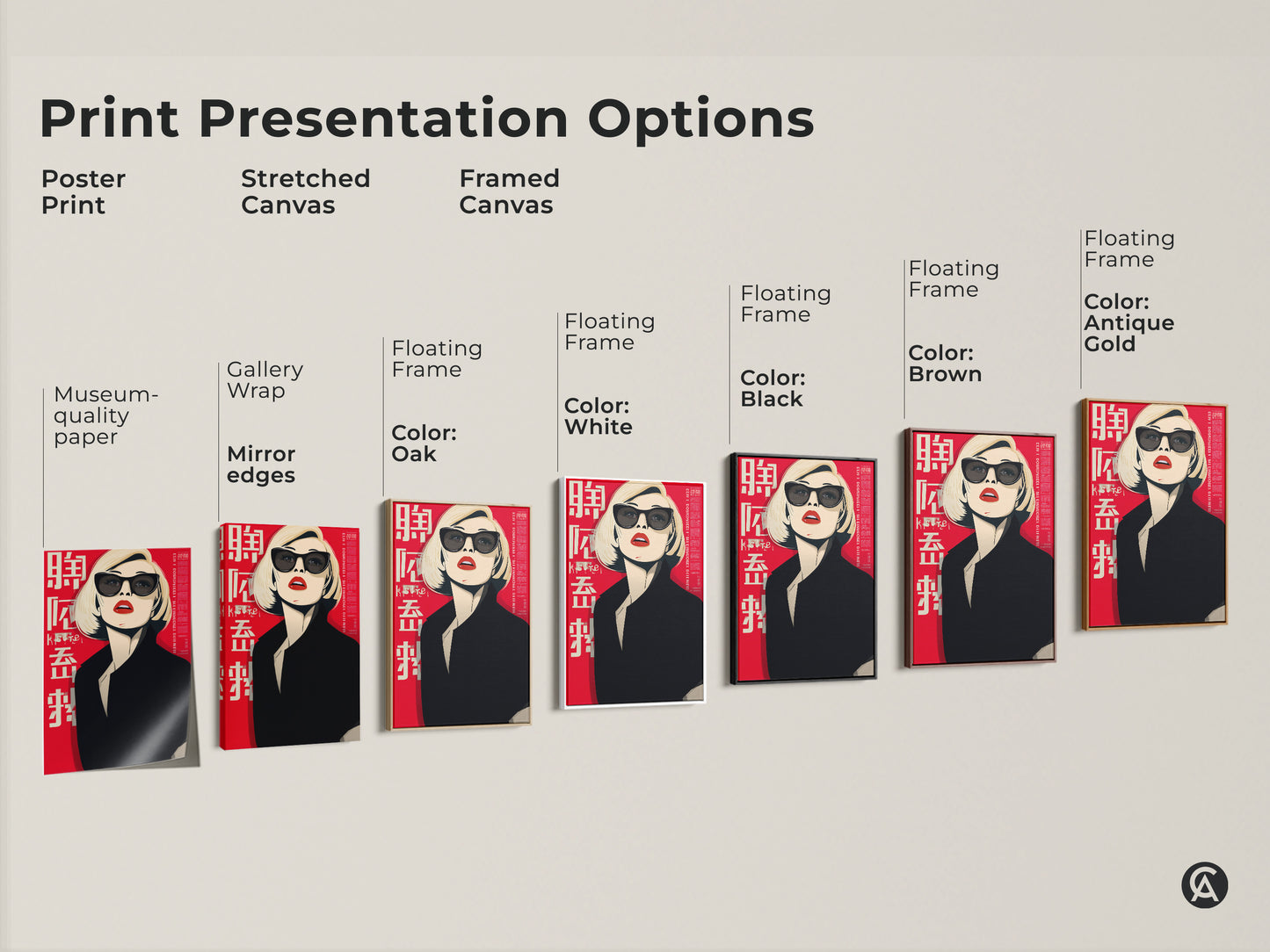 Explore print presentation options for this pop art woman artwork. Choose from poster prints stretched canvas and framed canvas. Find the perfect style for your retro fashion portrait wall art.