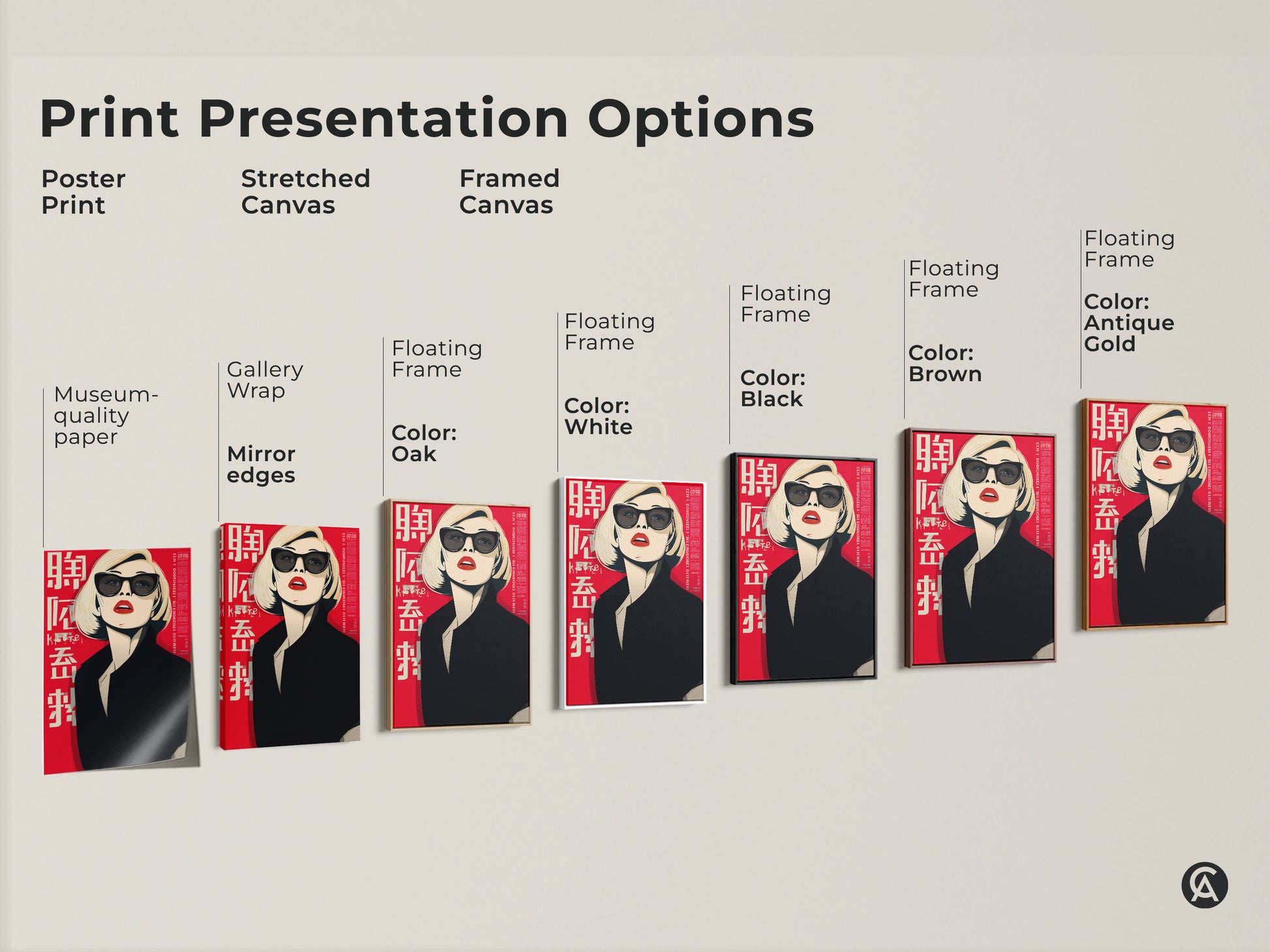 Explore print presentation options for this pop art woman artwork. Choose from poster prints stretched canvas and framed canvas. Find the perfect style for your retro fashion portrait wall art.