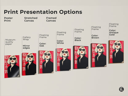 Explore print presentation options for this pop art woman artwork. Choose from poster prints stretched canvas and framed canvas. Find the perfect style for your retro fashion portrait wall art.