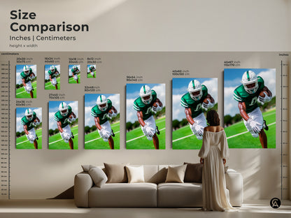Size comparison of football canvas art prints. See how different sizes fit above a sofa or next to a person. From 16x24 to 45x67 inches. Envision the impact of this dynamic sports artwork in your contemporary home decor.